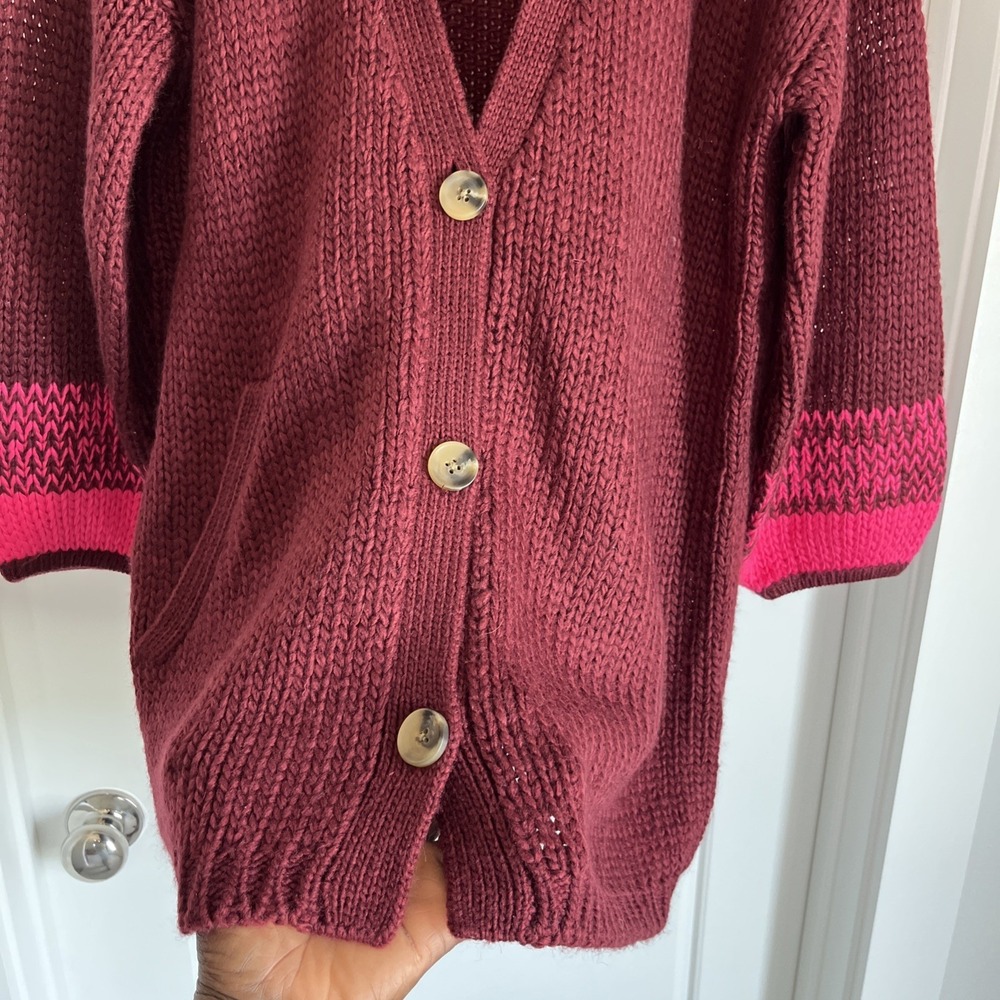 Sundance Chunky Knit Cardigan Sweater Burgundy Wool Blend Oversized L Preppy - Picture 16 of 16